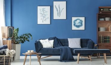 living room with blue colour palette and modern decor