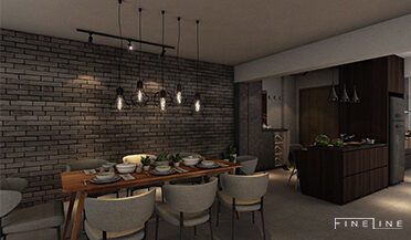 elegant dark dining space featuring bricked walls and ambient lighting