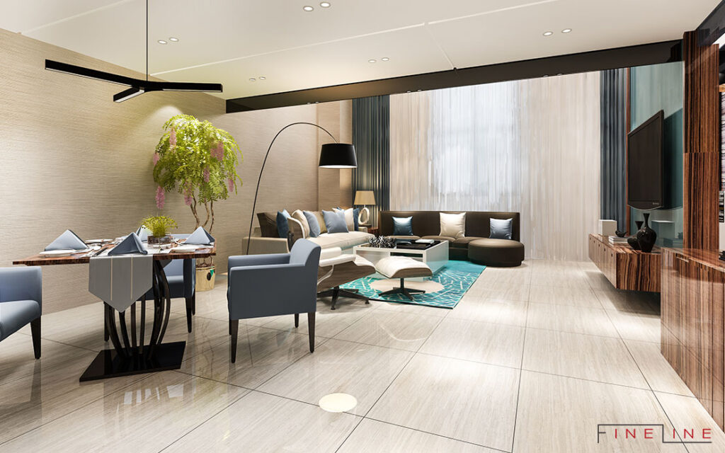 Modern interior home design using homogeneous tiles